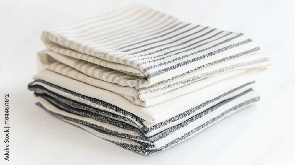 A set of striped fabric patterns, folded neatly and placed on a white background, showcasing a clean, minimalist design. A set of striped fabric patterns, folded neatly and placed on a white background, showcasing a clean, minimalist design.