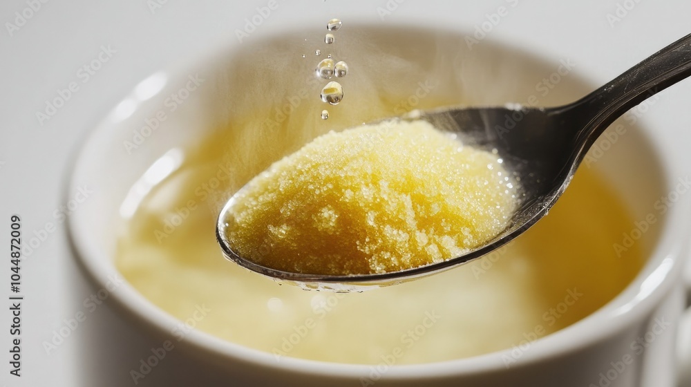 A spoonful of lemon powder floating above a cup of hot water, ready to dissolve, set against a white background. Zesty and vibrant. A spoonful of lemon powder floating above a cup of hot water, ready to dissolve, set against a white background. Zesty and vibrant.