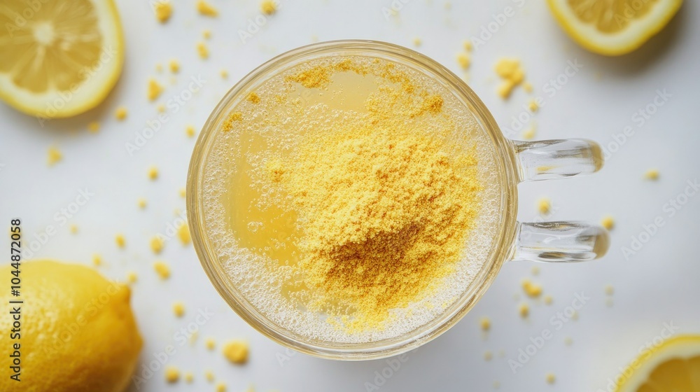 A top-down view of a clear glass filled with hot water and lemon powder, showing the powder dissolving slowly on a white background. Bright and refreshing.