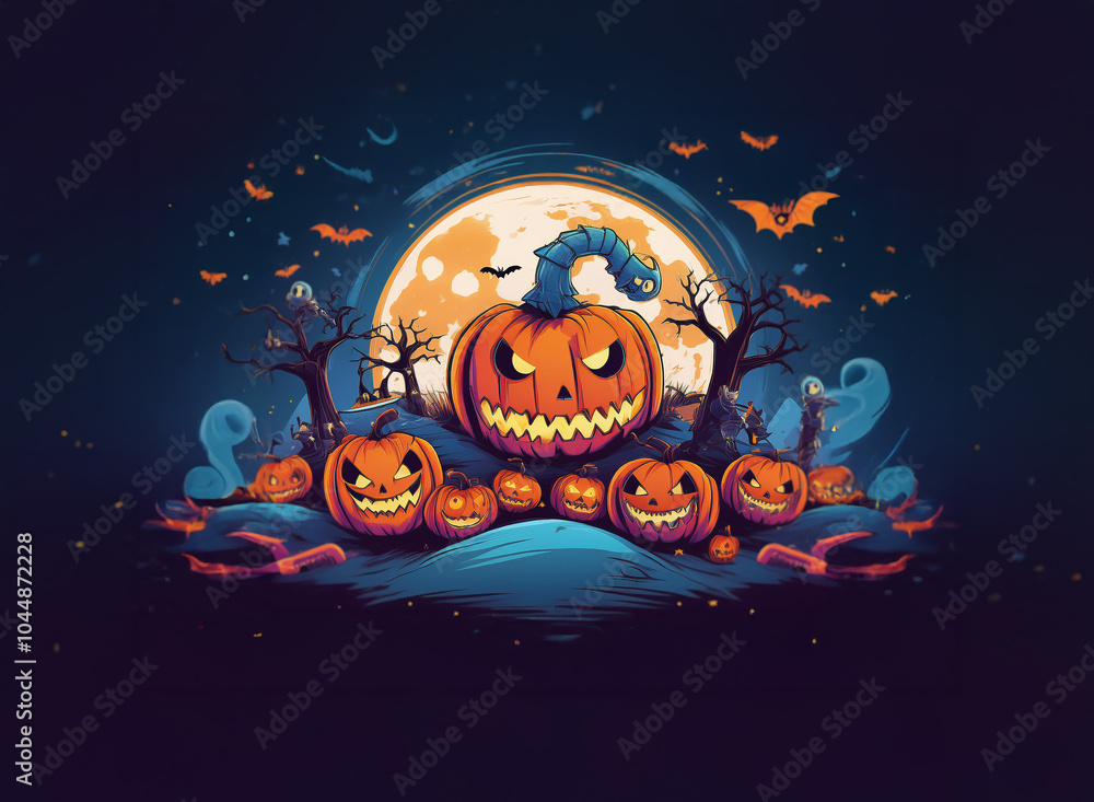 Fototapeta premium A spooky Halloween scene featuring multiple jack-o-lanterns with sinister grins, surrounded by gnarled trees, flying bats, and a glowing full moon.