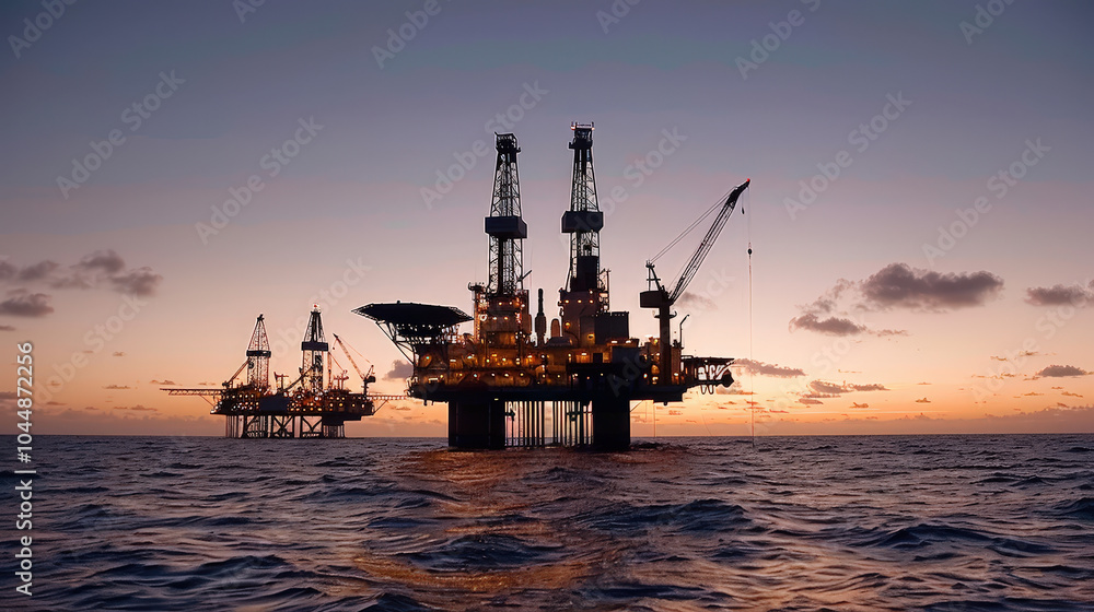Offshore oil rigs illuminated at dusk, showcasing their towering structures against colorful sky. serene ocean reflects lights, creating captivating scene of industrial activity Offshore oil rigs illuminated at dusk, showcasing their towering structures against colorful sky. serene ocean reflects lights, creating captivating scene of industrial activity