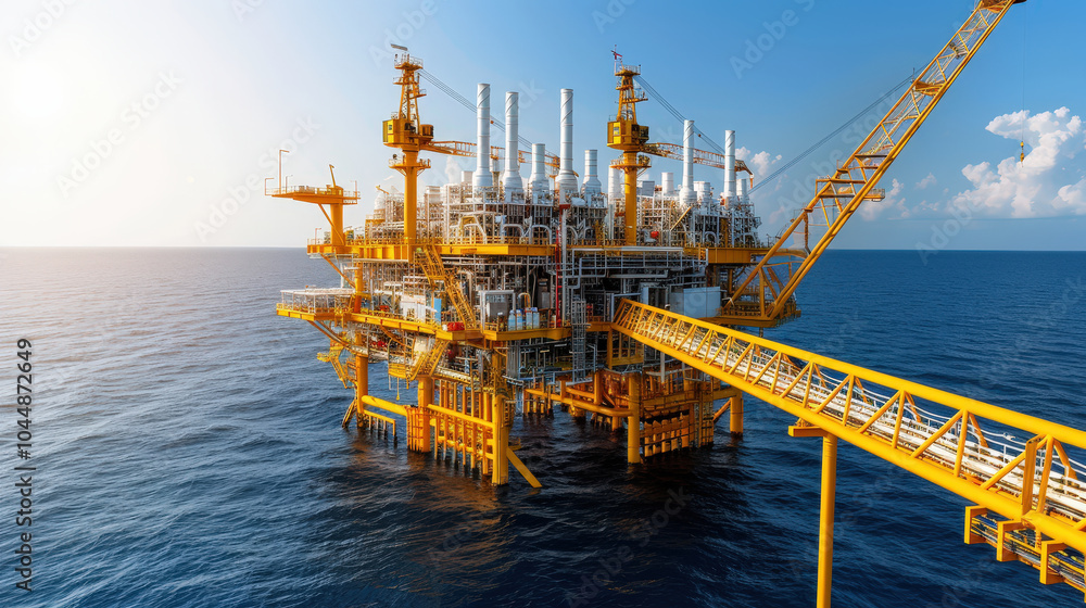 Offshore oil rig with cranes and machinery, showcasing industrial engineering in marine environment. vibrant colors and clear sky create striking visual Offshore oil rig with cranes and machinery, showcasing industrial engineering in marine environment. vibrant colors and clear sky create striking visual