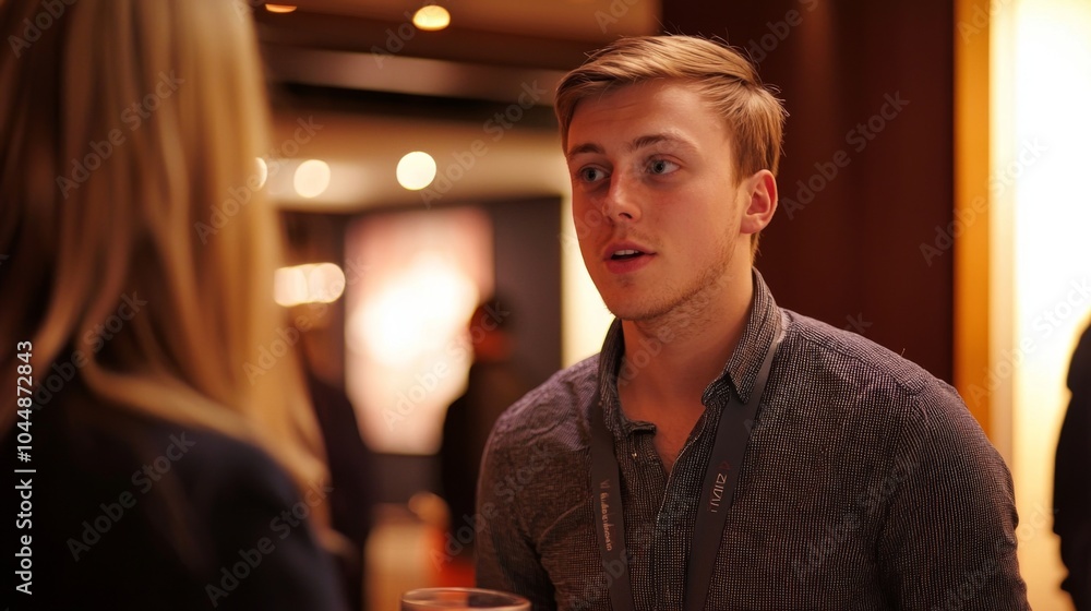 Networking Event: A producer engaging in conversation at a film festival, making connections Networking Event: A producer engaging in conversation at a film festival, making connections