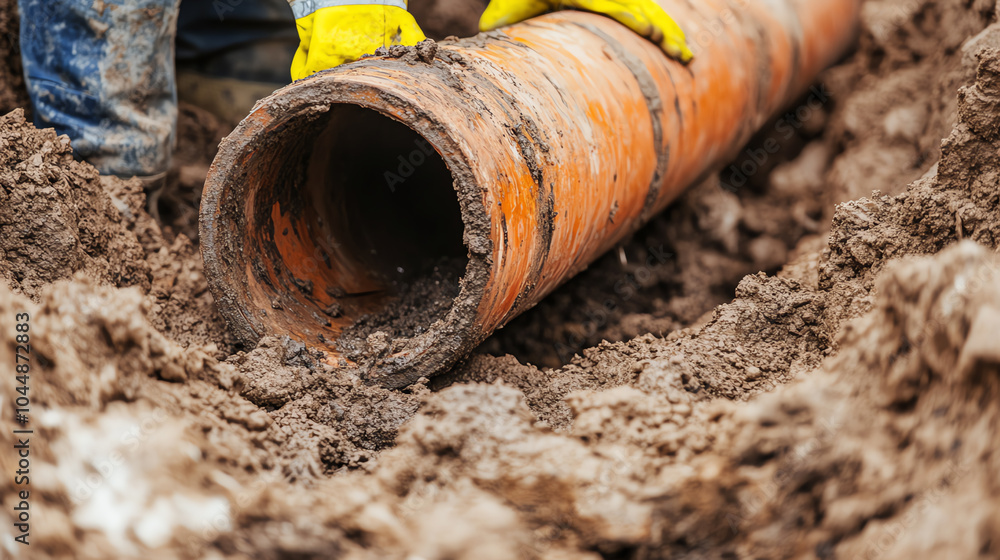 A worker in yellow gloves handles a rusty orange pipe buried in muddy soil, illustrating construction work and industrial challenges. A worker in yellow gloves handles a rusty orange pipe buried in muddy soil, illustrating construction work and industrial challenges.