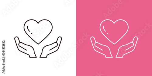ハートを持つ両手のアイコンセット＿細いアウトライン＿水平