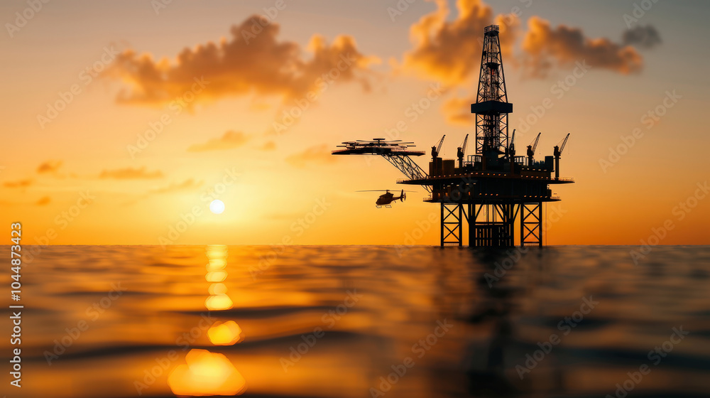 Oil drilling platform in ocean at sunset, showcasing helicopter approaching structure. scene captures beauty of industrial activity against vibrant sky Oil drilling platform in ocean at sunset, showcasing helicopter approaching structure. scene captures beauty of industrial activity against vibrant sky
