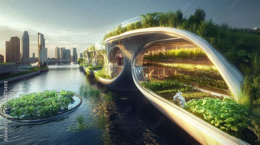 Fototapeta premium A futuristic floating urban farm with curved green architecture and integrated plant systems, highlighting sustainable farming practices and innovative eco-friendly design. 