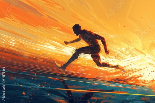 Vibrant and dynamic illustration of male sprinter captured in full motion, showcasing speed, determination and athleticism inspiring admiration for strength and agility of human body