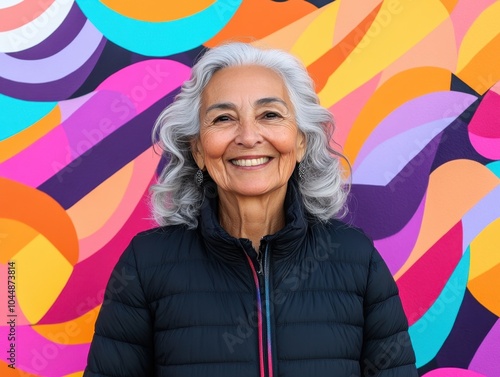 Vibrant portrait of a joyful older woman against colorful abstract mural photo