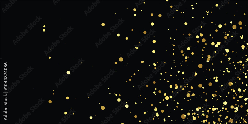 Luxury vector Golden confetti isolated on black background. Scatter gradient with gold confetti on dark backdrop. Glamour falling glitter. New year wallpaper .brochure template. Cover  texture design.