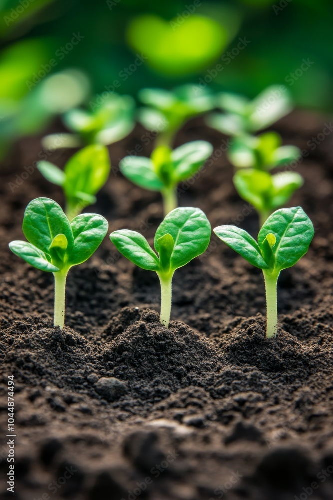 Fresh green seedlings emerging from rich dark soil in a vibrant garden, symbolizing growth, renewal, and the promise of a thriving natural environment. Fresh green seedlings emerging from rich dark soil in a vibrant garden, symbolizing growth, renewal, and the promise of a thriving natural environment.