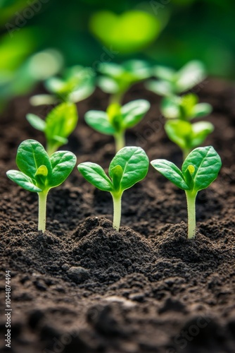 Fresh green seedlings emerging from rich dark soil in a vibrant garden, symbolizing growth, renewal, and the promise of a thriving natural environment.