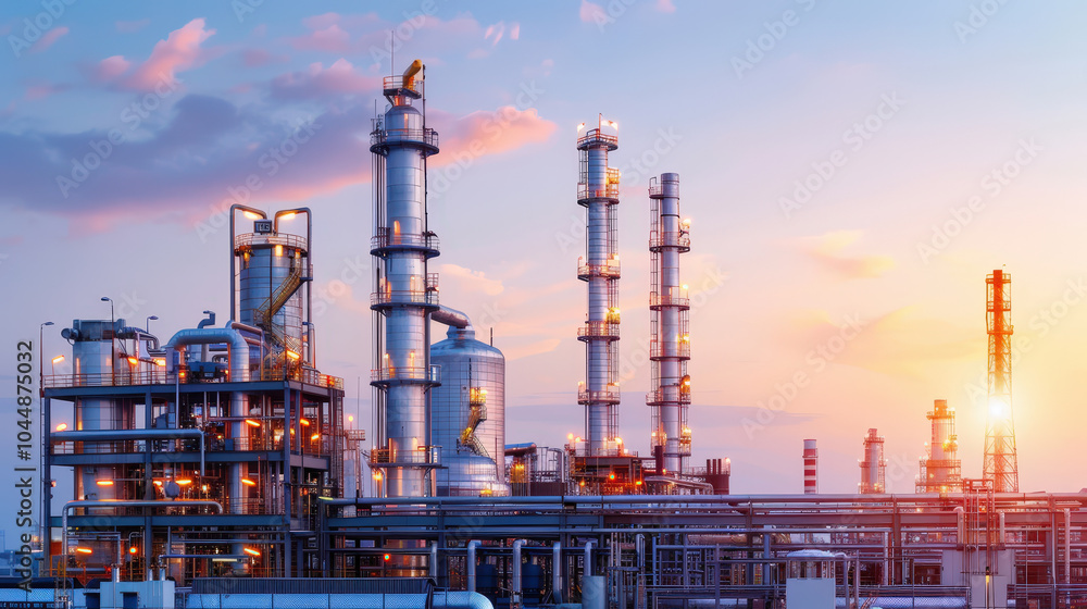 Oil refinery with complex piping and large storage tanks illuminated at sunset, showcasing industrial architecture and technology Oil refinery with complex piping and large storage tanks illuminated at sunset, showcasing industrial architecture and technology
