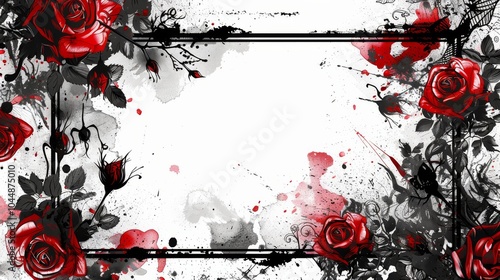 Fototapeta Naklejka Na Ścianę i Meble -  This striking image features deep red roses bordered by black leaves with splashes, embodying a gothic and romantic theme infused with mystery and drama.