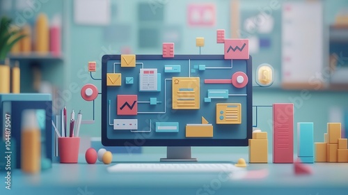 Workflow management icon in a corporate setting, 3D design, flat design, front view, business strategy theme, animation, vivid