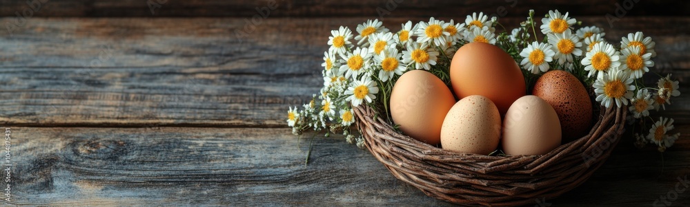 Eggs in a basket with daisies on a wooden table Eggs in a basket with daisies on a wooden table