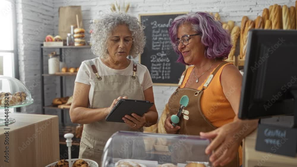Mature women bakers in a bakery interior discussing on a tablet beside freshly baked goods Mature women bakers in a bakery interior discussing on a tablet beside freshly baked goods