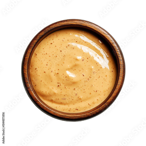 Spicy chipotle mayo sauce in a textured wooden bowl top view isolated on a transparent background 
