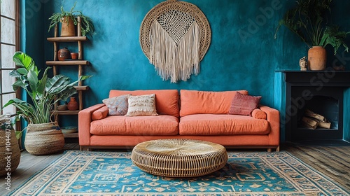 Eclectic bohemian living room a coralcolored couch woven rattan coffee table teal and gold patterned rug vintage wooden shelving macram wall art and a minimalist black fireplace photo