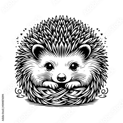 hedgehog simple line art black and white illustration, isolated on background