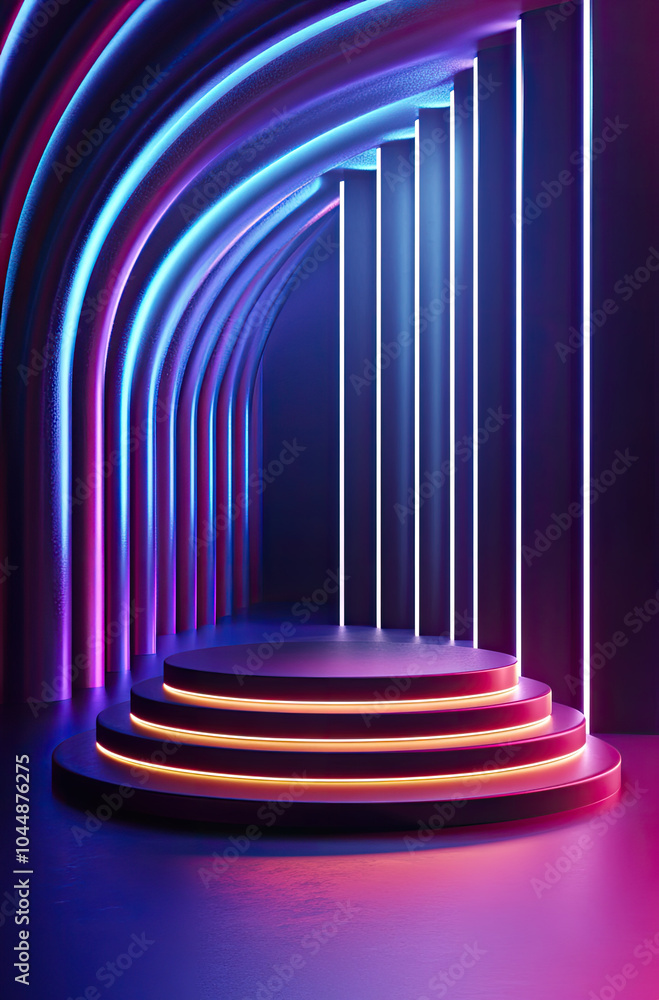 3D Rendered Podium with Flowing Curved Light Beams 3D Rendered Podium with Flowing Curved Light Beams