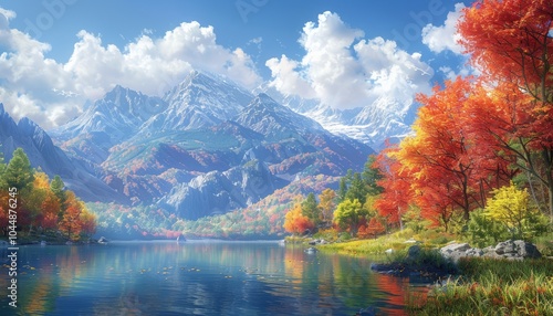 Stunning Autumn Landscape with Snowcapped Mountains and Lake 