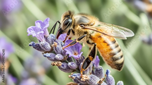 Bee Pollinating Purple Lavender Flower