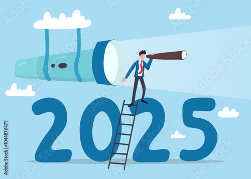 Year 2025 business outlook, forecast or plan ahead, vision for future success. businessman climb up on year 2025 to see business outlook.