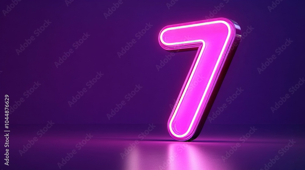 Number 7. Neon Glowing Purple Number Seven On Dark Purple Background. 3D Illustration. Number 7. Neon Glowing Purple Number Seven On Dark Purple Background. 3D Illustration.