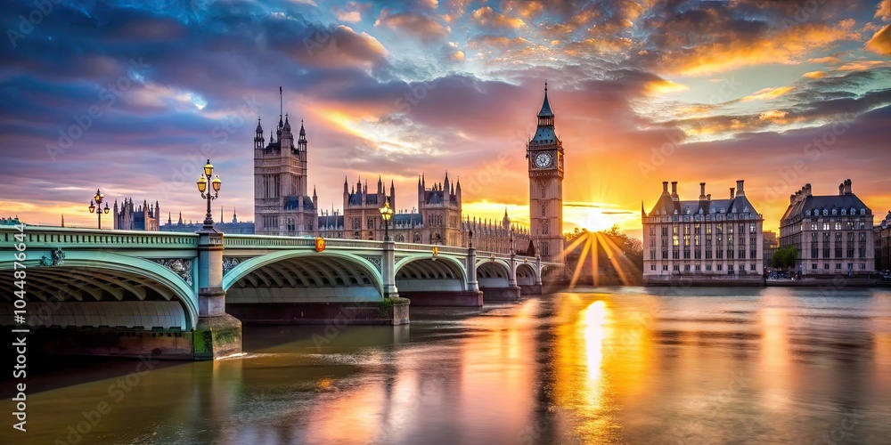 Naklejka premium Westminster Bridge bathed in the warm hues of a sunset in London, UK, London, Westminster Bridge, sunset, evening