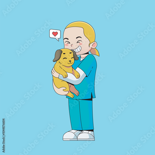 female veterinarian hugging puppy sign of love. vector cartoon illustration health medical person character