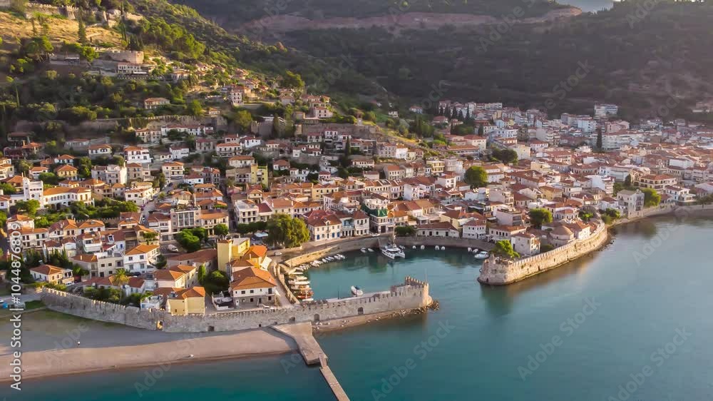 Nafpaktos Greece Old Town Aerial Panoramic View Animation, Old City Venetian Port Nafpaktos Greece Old Town Aerial Panoramic View Animation, Old City Venetian Port