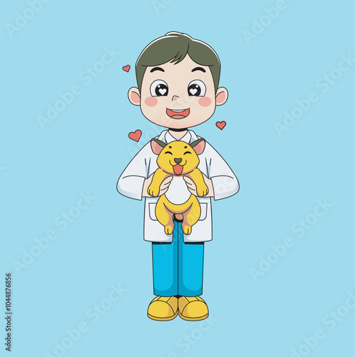 veterinarian hugging dog sign affection. vector illustration health people character