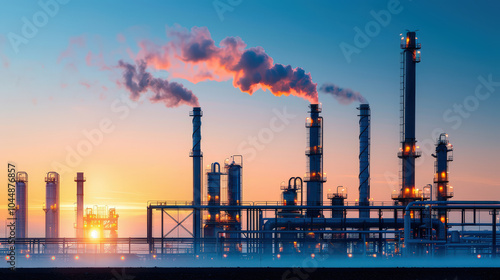 stunning view of petrochemical storage tanks and smokestacks releasing steam and smoke against vibrant sunset sky. industrial landscape showcases energy sectors operations