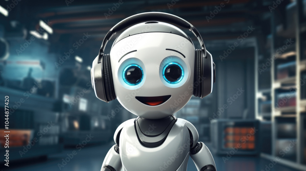 Smiling robot in headphones in a futuristic lab, concept of AI technology, background Smiling robot in headphones in a futuristic lab, concept of AI technology, background