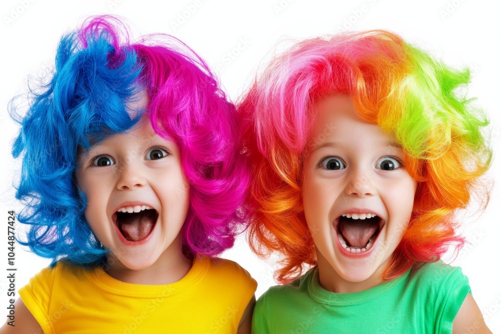 Two cute little girls in colorful wigs, against a white background, with happy and cheerful expressions. The bright colors of their hair and , along with their playful poses, create a fun atmosphere Two cute little girls in colorful wigs, against a white background, with happy and cheerful expressions. The bright colors of their hair and , along with their playful poses, create a fun atmosphere