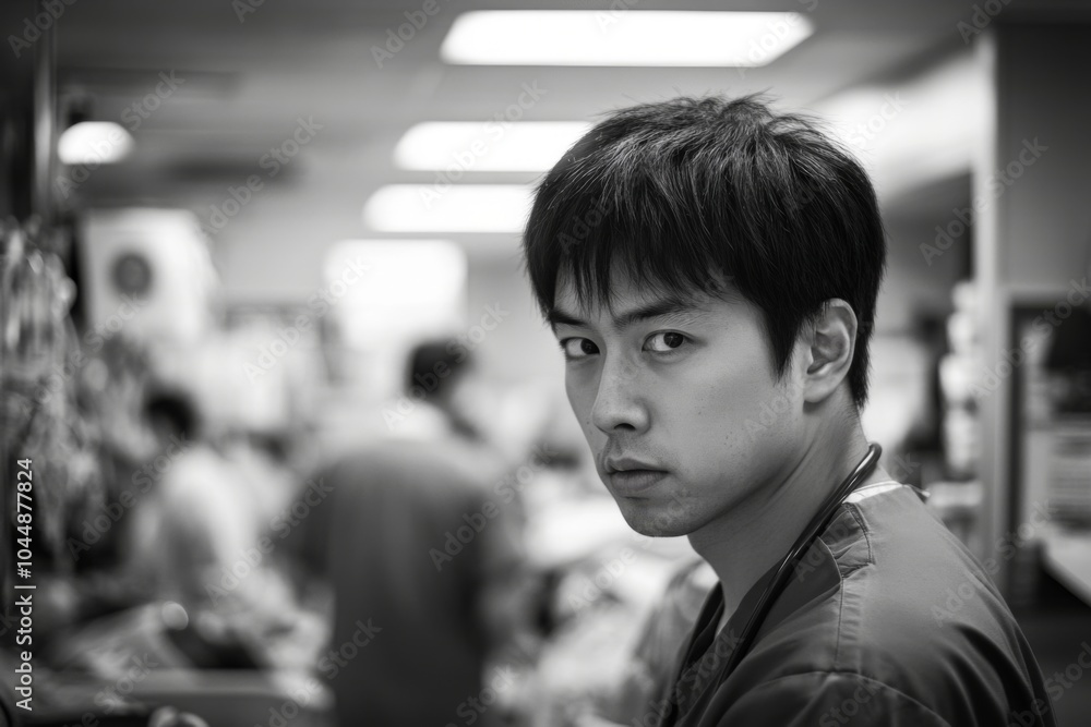 Fototapeta premium Intense portrait of a focused healthcare professional in a busy hospital environment, conveying dedication and determination in black and white.