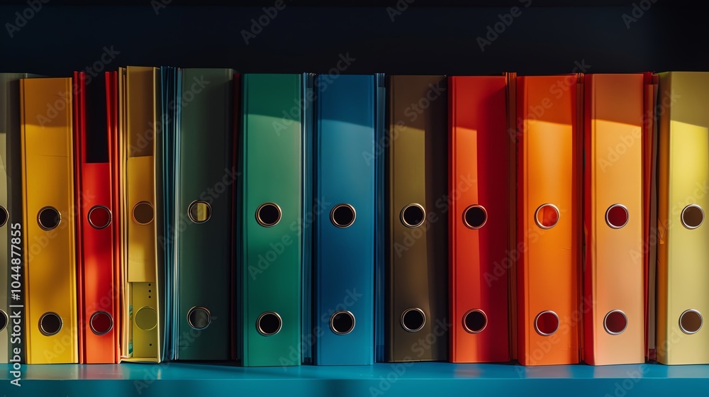A colorful set of binders on a shelf A colorful set of binders on a shelf