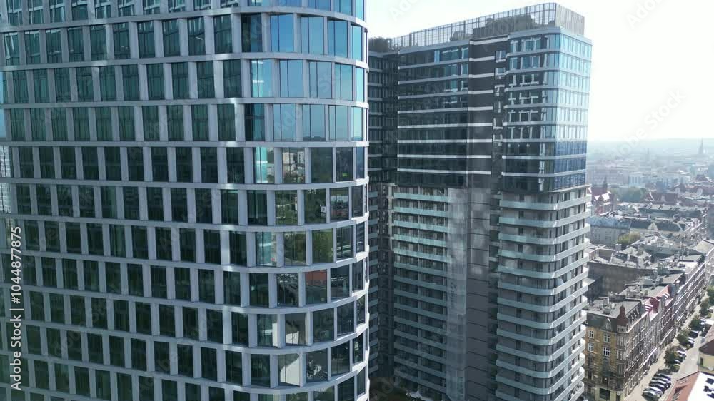 Global Office Park high-rise complex in Katowice city at morning - drone aerial view 4K Global Office Park high-rise complex in Katowice city at morning - drone aerial view 4K