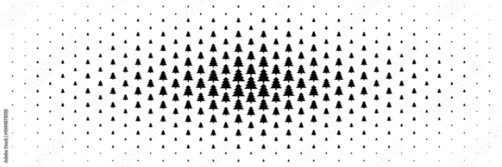 horizontal halftone of black christmas tree spread from center for pattern and background. horizontal halftone of black christmas tree spread from center for pattern and background.