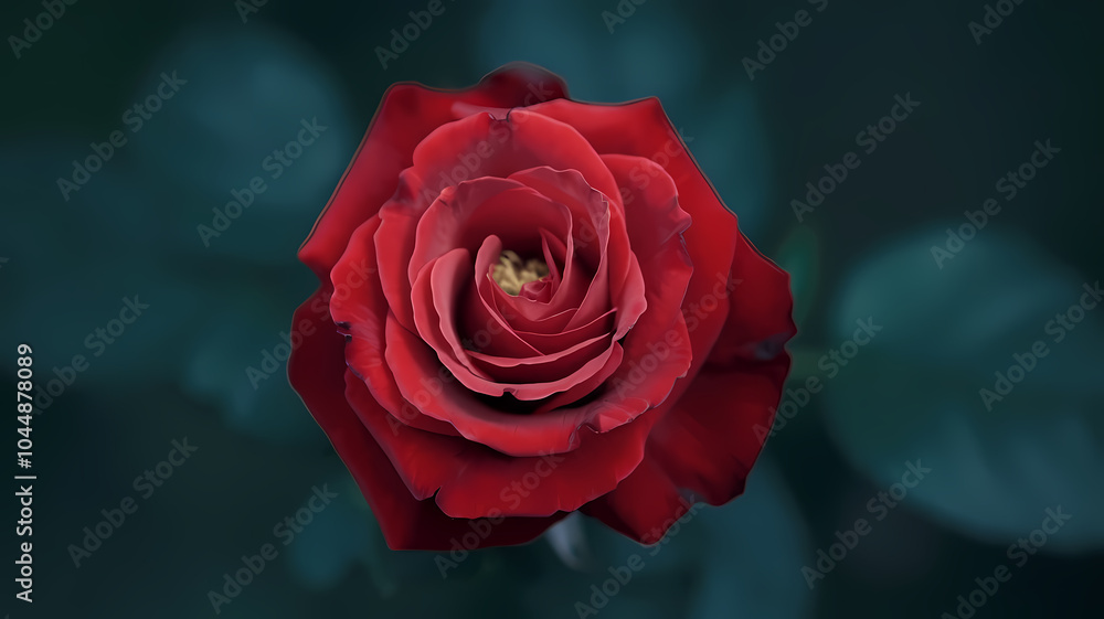 Fototapeta premium Close-up of a vibrant red rose blooming against a dark green background, showcasing intricate petal details and lush foliage, perfect for floral decor and nature enthusiasts.