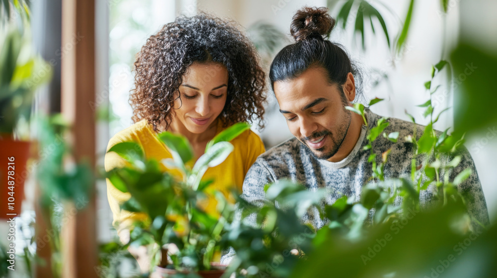 Couple caring houseplants at home. Multiracial middle aged man and woman with green plants Couple caring houseplants at home. Multiracial middle aged man and woman with green plants