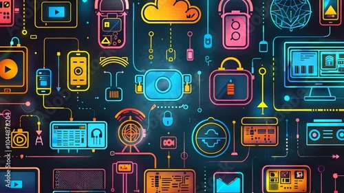 A vibrant abstract display features colorful digital symbols representing technology, multimedia, data storage, and connectivity, showcasing modern digital themes