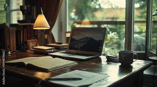 Wallpaper Mural A desk with a laptop, coffee cup, and notebook Torontodigital.ca