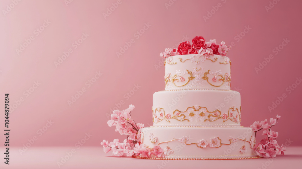 Wedding cake with beautiful flowers on solid pastel color background, copy space Wedding cake with beautiful flowers on solid pastel color background, copy space