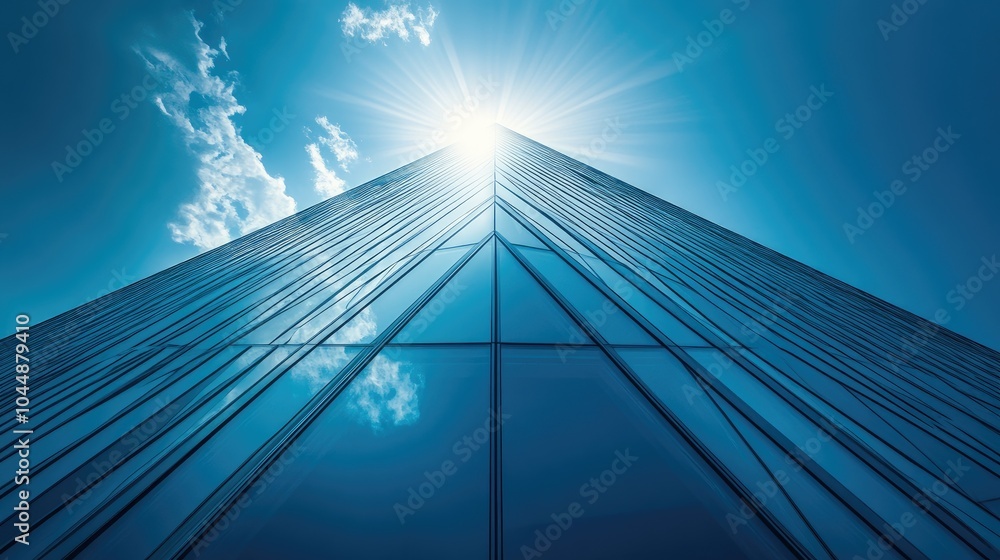 Modern skyscraper with sunburst effect in blue sky Modern skyscraper with sunburst effect in blue sky