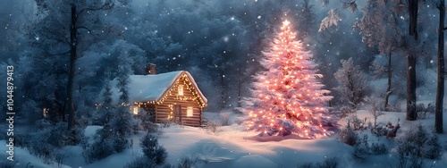 Oil painting of a Christmas tree farm with a pink house and string lights in the background, set against a snowy landscape