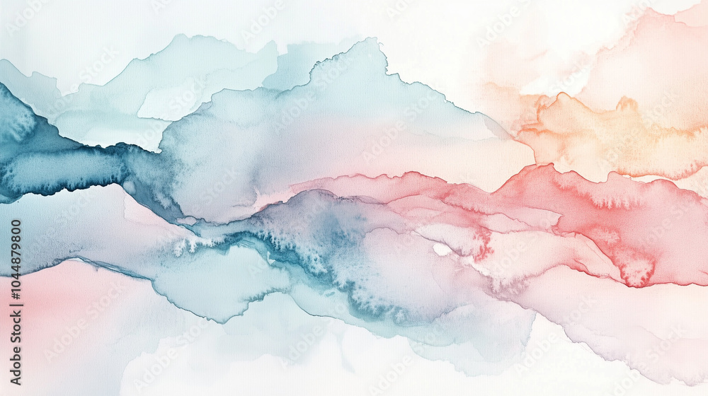 Fototapeta premium Watercolor landscape in soft pastel blue and pink tones