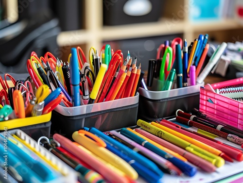 A desktop organizer with pens and office supplies photo