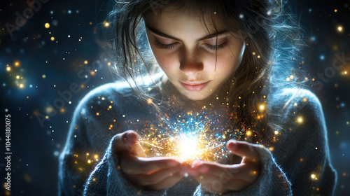 Wallpaper Mural young girl gazes intently at glowing orb of light in her hands, surrounded by magical, sparkling atmosphere. scene evokes sense of wonder and enchantment Torontodigital.ca